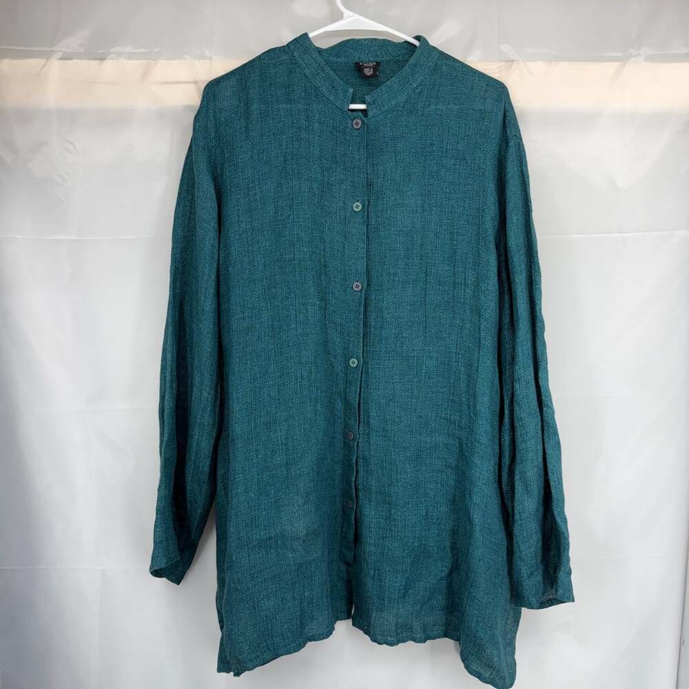 Eileen Fisher Women 2X 100% Linen Tunic Top Teal Long Sleeve Button Front Shirt